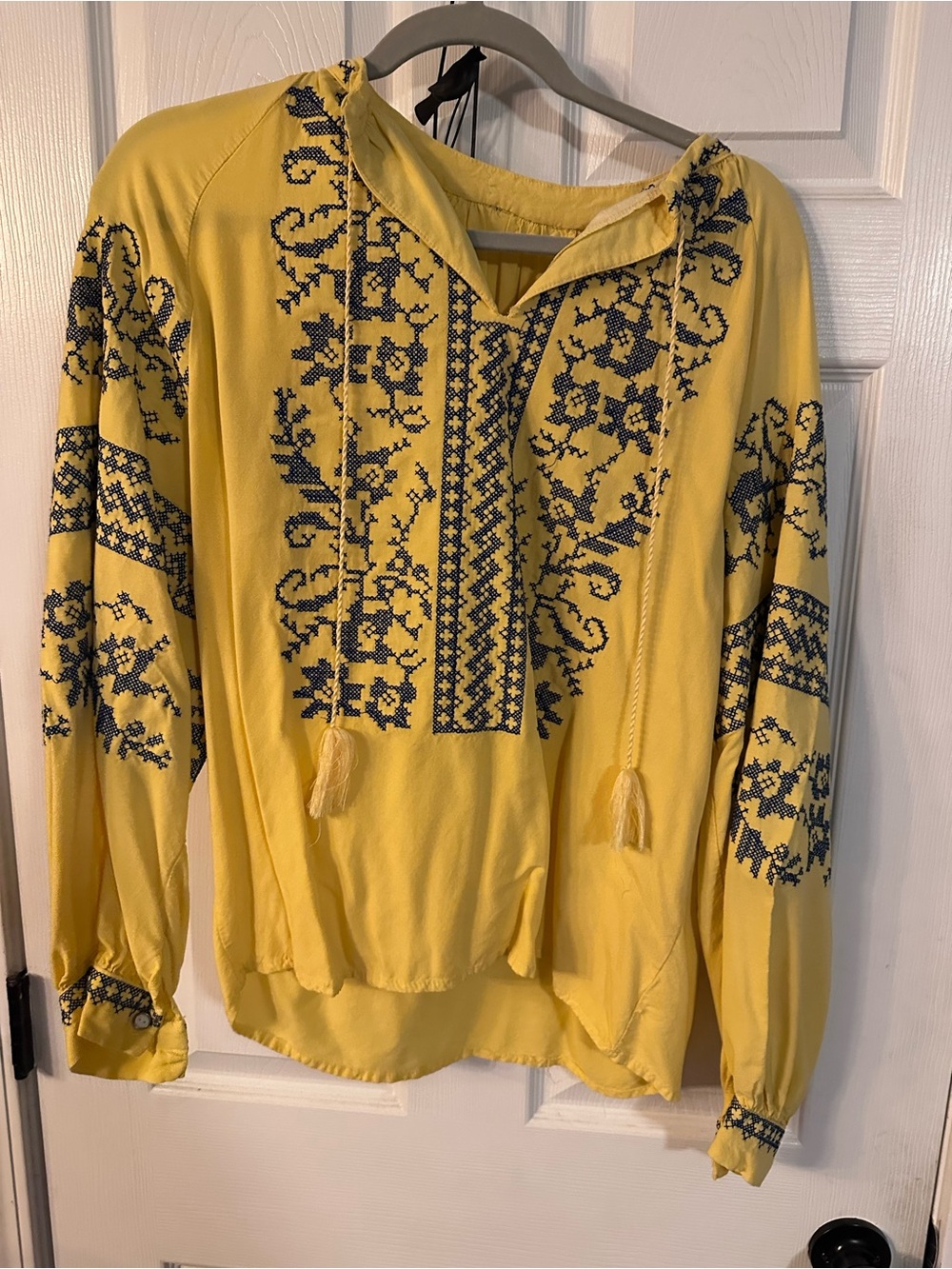Cross-stitched Yellow Boho Peasant Blouse